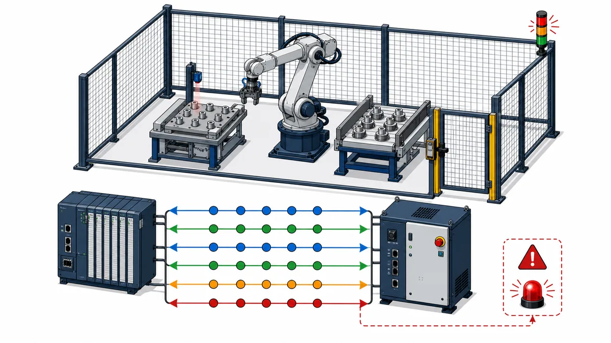 Guarded robot cell with fixture sensors, robot controller, generic PLC and bidirectional persistent handshake paths including an abnormal timeout state