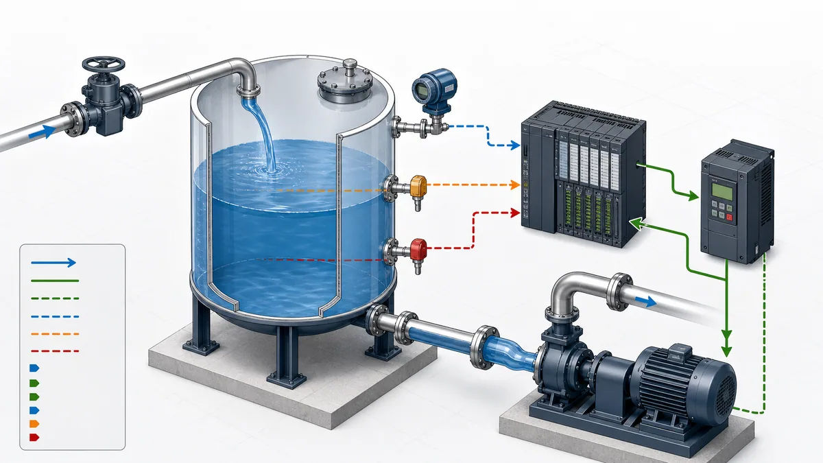 Transparent process tank with inlet valve, analog level transmitter, independent limit switches, PLC analog I/O, VFD-driven outlet pump and command-feedback paths
