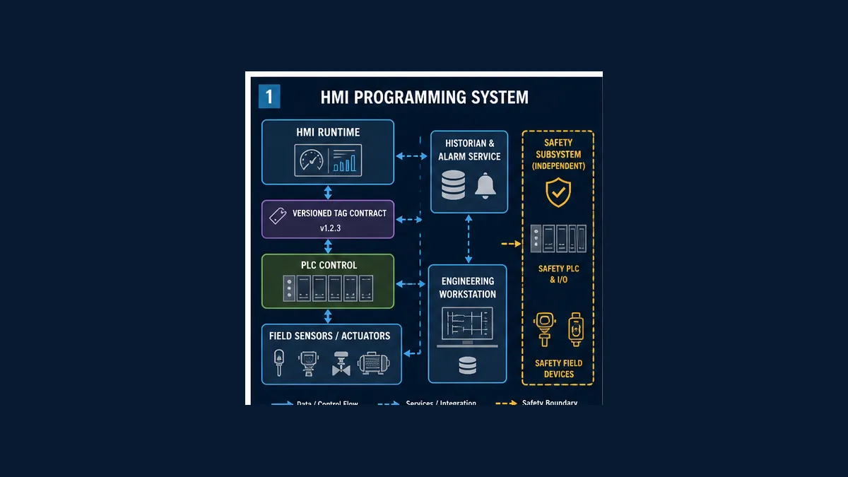 HMI programming system architecture connecting field devices PLC control versioned tag contract HMI runtime historian engineering workstation and an independent safety subsystem