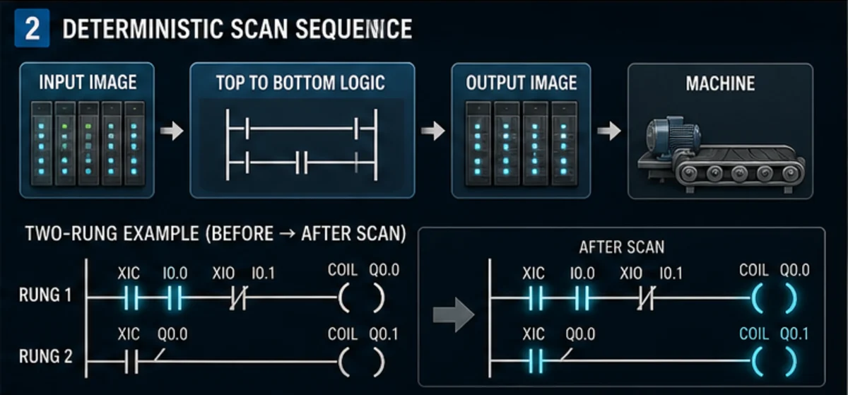 Deterministic PLC ladder scan sequence showing input image, top to bottom program logic, output image and machine with a two-rung before and after trace