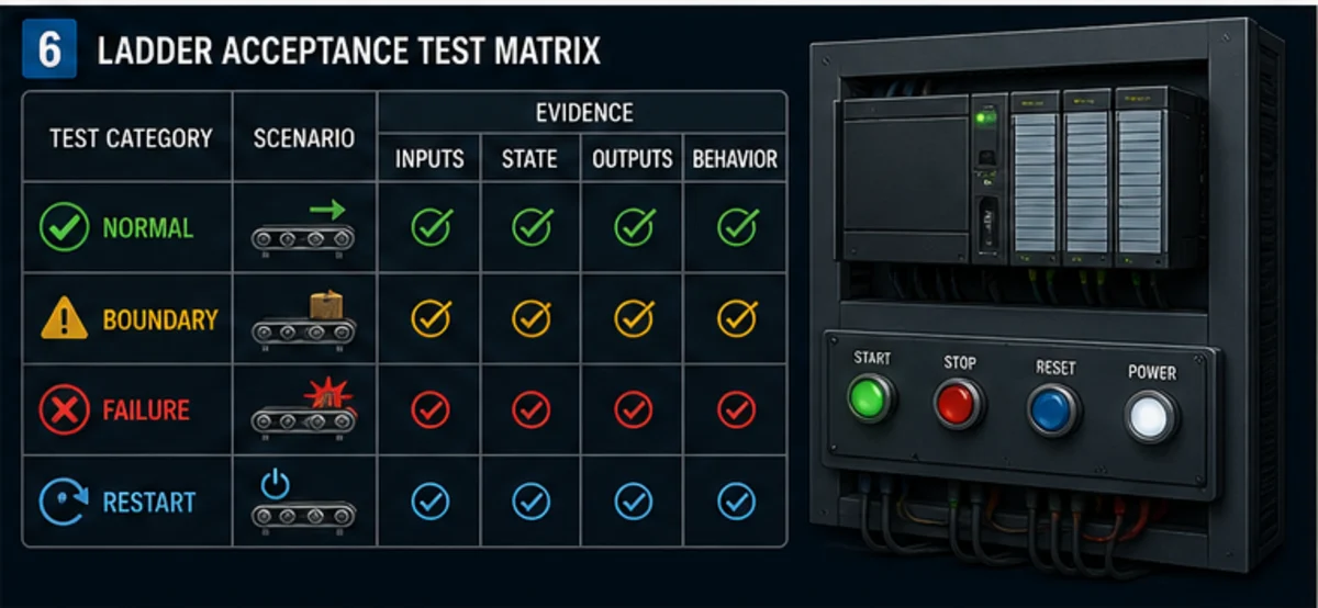 PLC ladder logic acceptance matrix grouping normal, boundary, failure and restart tests with input, state, output and machine behavior evidence