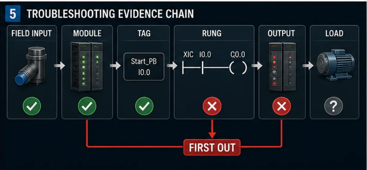 PLC ladder troubleshooting evidence chain from field input through I O module, tag, rung, output and motor load with a red first divergence marker