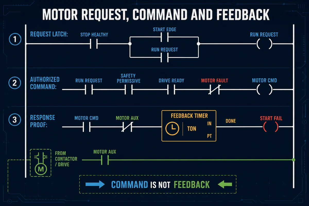 Accurate ladder-style motor program with stop healthy, start edge and run request seal branch, authorized motor command, separate motor auxiliary feedback and feedback timeout