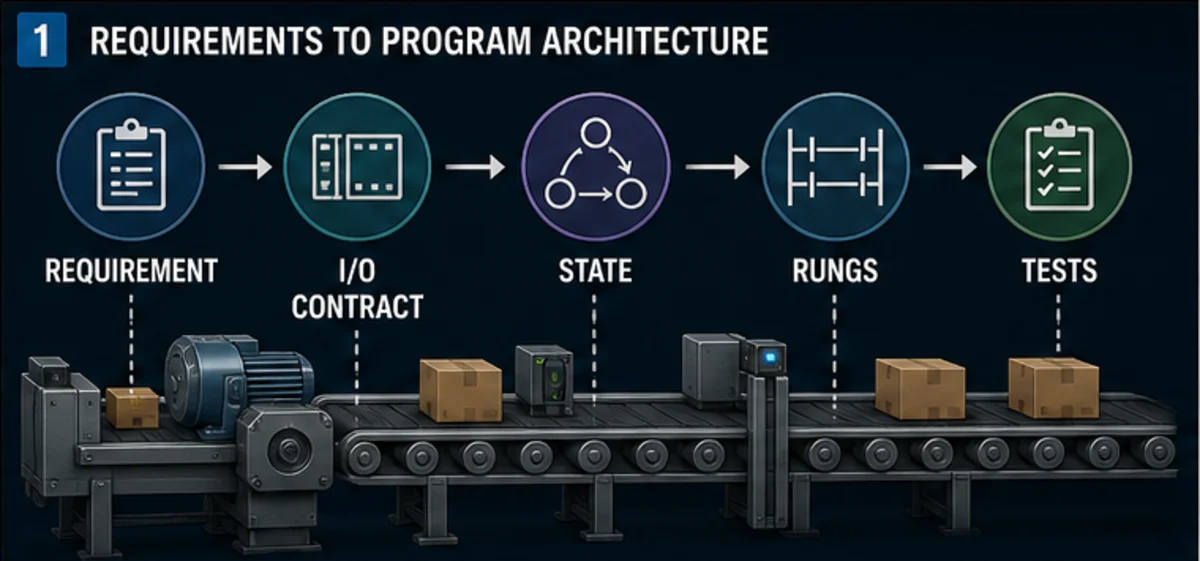 PLC ladder logic development architecture from operating requirement through I O contract and state model to rungs and acceptance tests for a conveyor