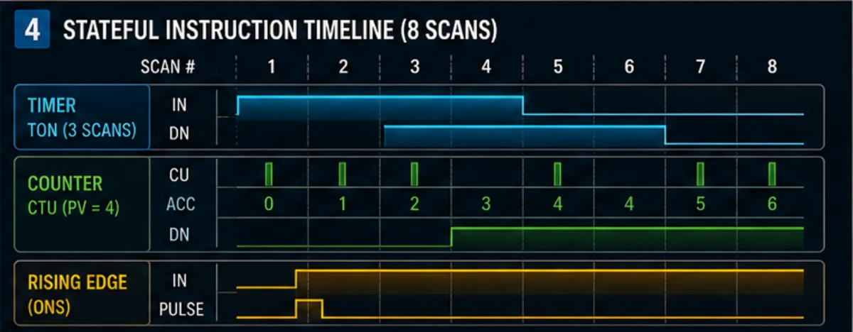 Eight-scan timeline comparing a timer input and done state, counter events and accumulated value, and a one-scan rising-edge pulse
