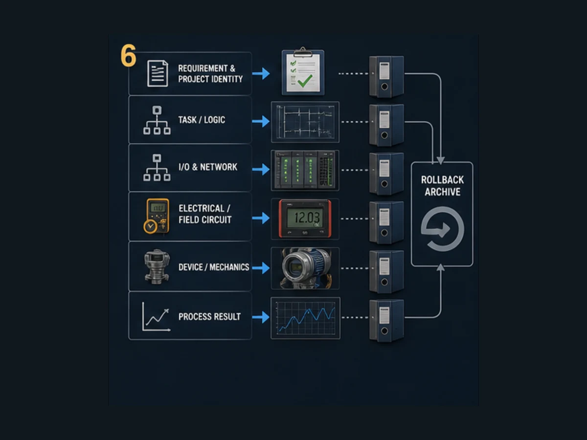 PLC commissioning troubleshooting evidence ladder from requirement and project identity through logic, I/O, field circuit, mechanics and process result to rollback archive