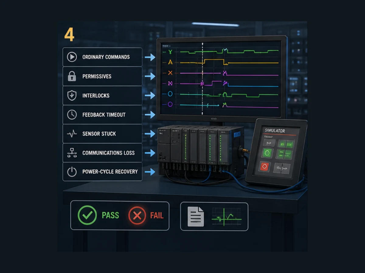 PLC factory acceptance test bench injecting ordinary command, permissive, feedback timeout, stuck sensor, communication loss and power-cycle cases