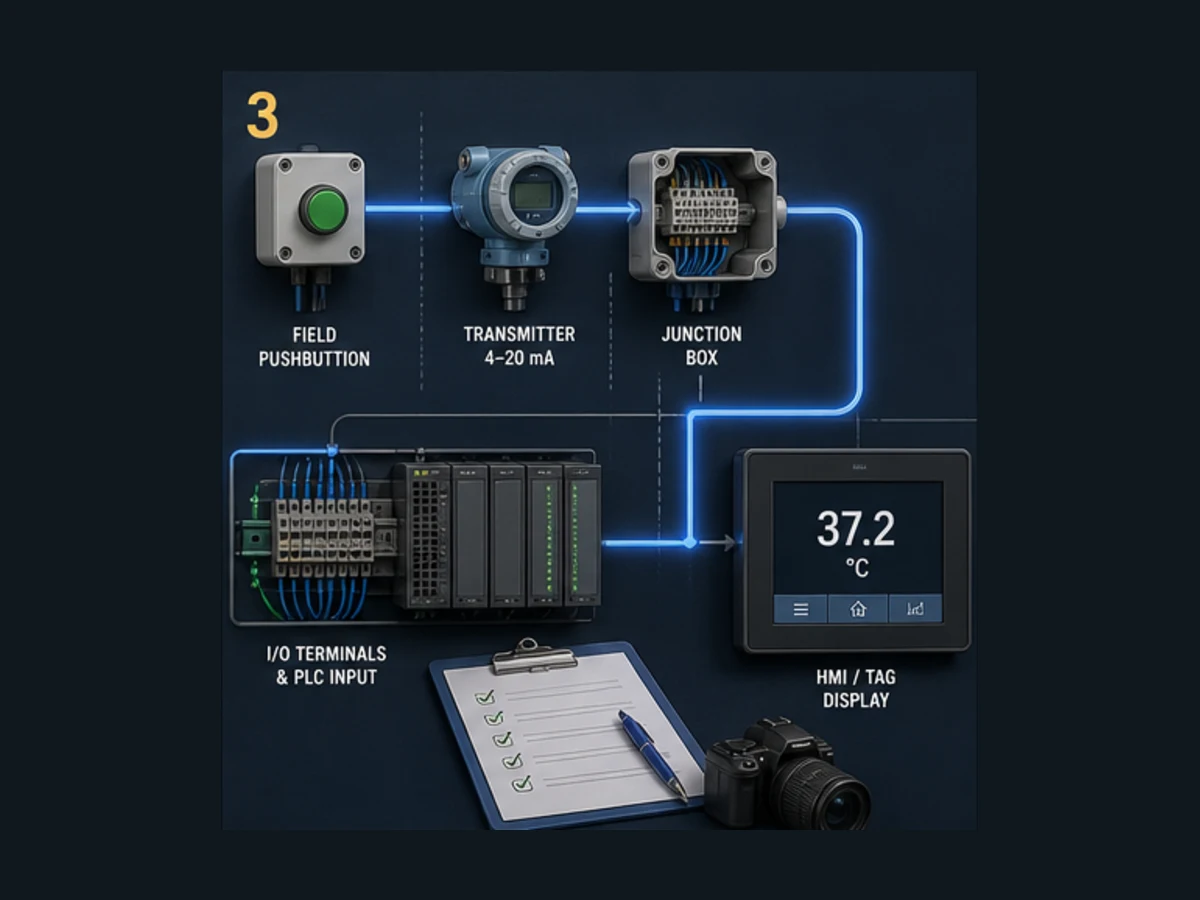 PLC digital and 4 to 20 milliamp loop-check path from field device through junction box and I/O terminals to controller and HMI evidence