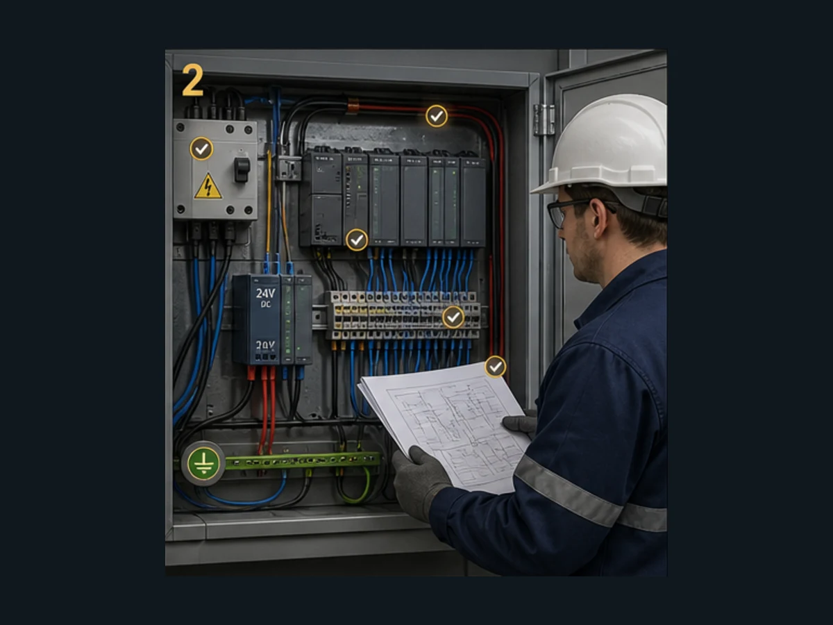 De-energized PLC control panel pre-power inspection showing supply protection, PLC rack, 24 volt power supply, terminal blocks, grounding and controlled drawings