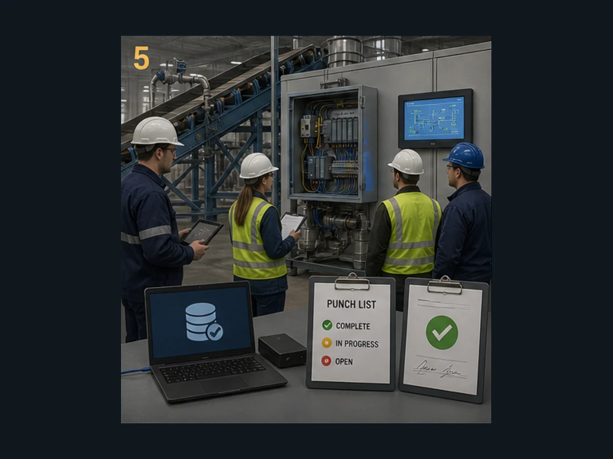 Controls, operations and owner representatives witnessing PLC site acceptance on an installed conveyor and pump system with punch list and backup evidence